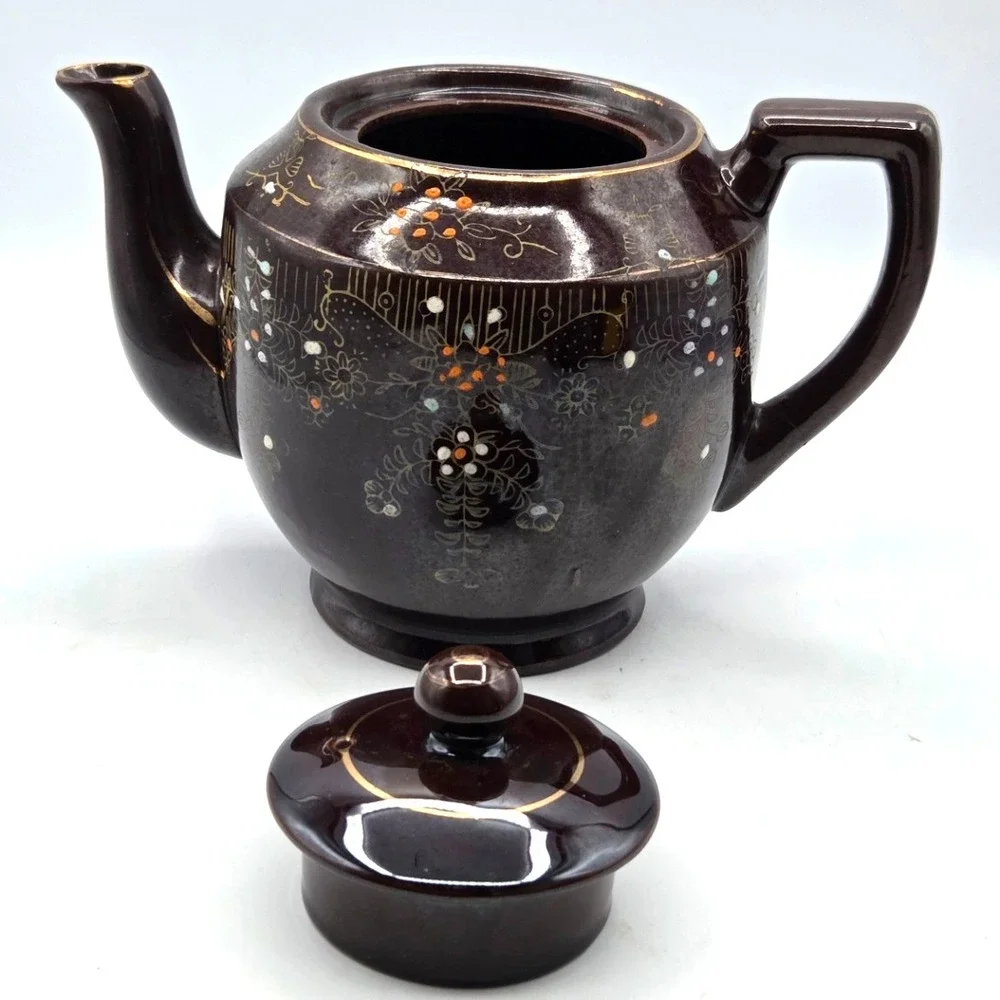 Japanese TeaPot Moriage Redware Medium~ Hand Painted 1940s ~Japan Vintage